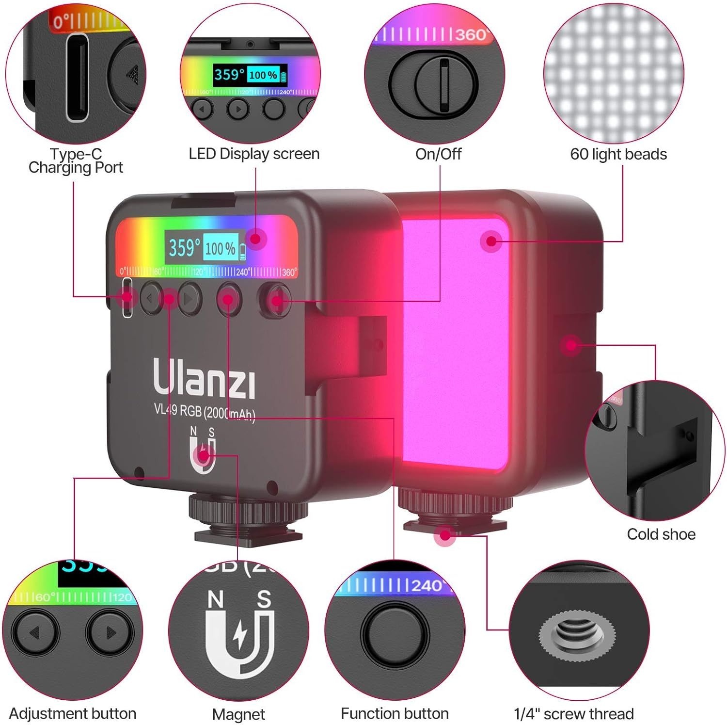 This image breaks down the physical components and features of the RGB video light, helping shoppers understand all the parts and controls available on the device.