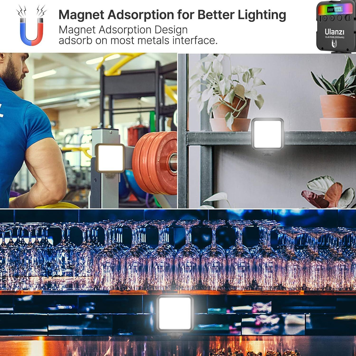 Demonstrates the product's versatility by showing it in multiple real-world environments (gym, home shelving, bar/restaurant) to reassure shoppers it can be used in various settings with magnetic…