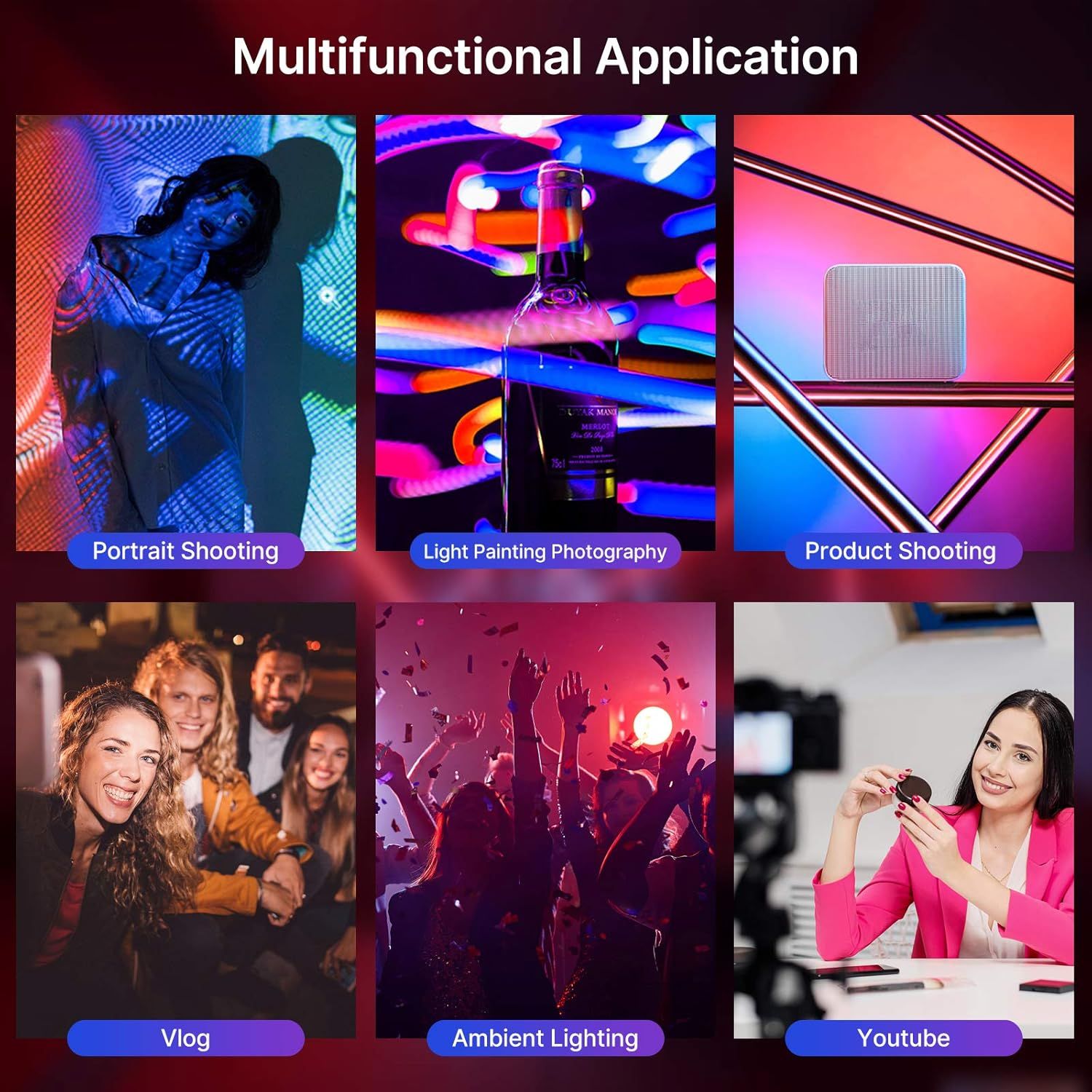Demonstrates the product's versatility by showcasing six distinct use cases across photography, videography, and content creation scenarios to reassure shoppers that this lighting product works for…