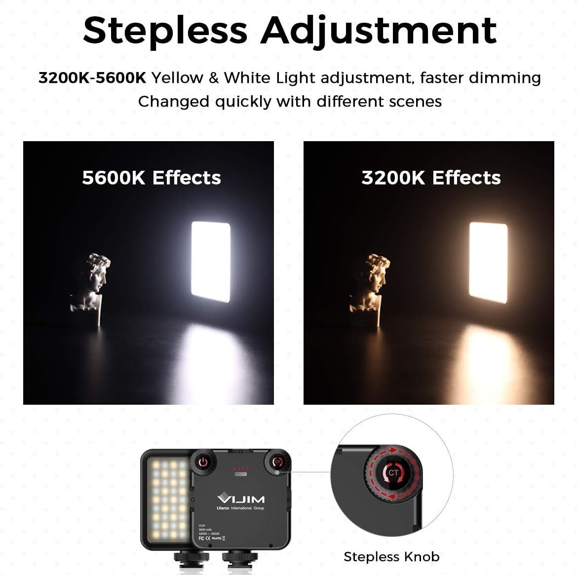 Demonstrates the product's ability to adjust color temperature smoothly from 3200K to 5600K (warm to cool light) for different shooting scenarios, emphasizing ease and speed of adjustment.