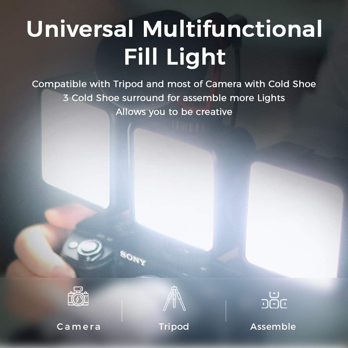 Demonstrates the multiple use cases and compatibility of the fill light, showing it works with cameras, tripods, and can be assembled in various configurations to reassure shoppers of its…
