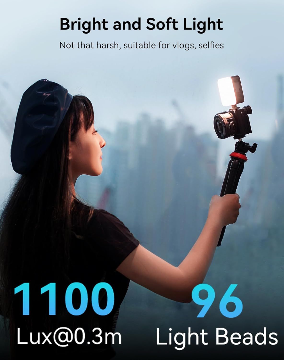 Communicates the product's lighting performance through quantifiable metrics (brightness and LED count) to reassure shoppers of its professional-grade capability for content creation. Highlights the…