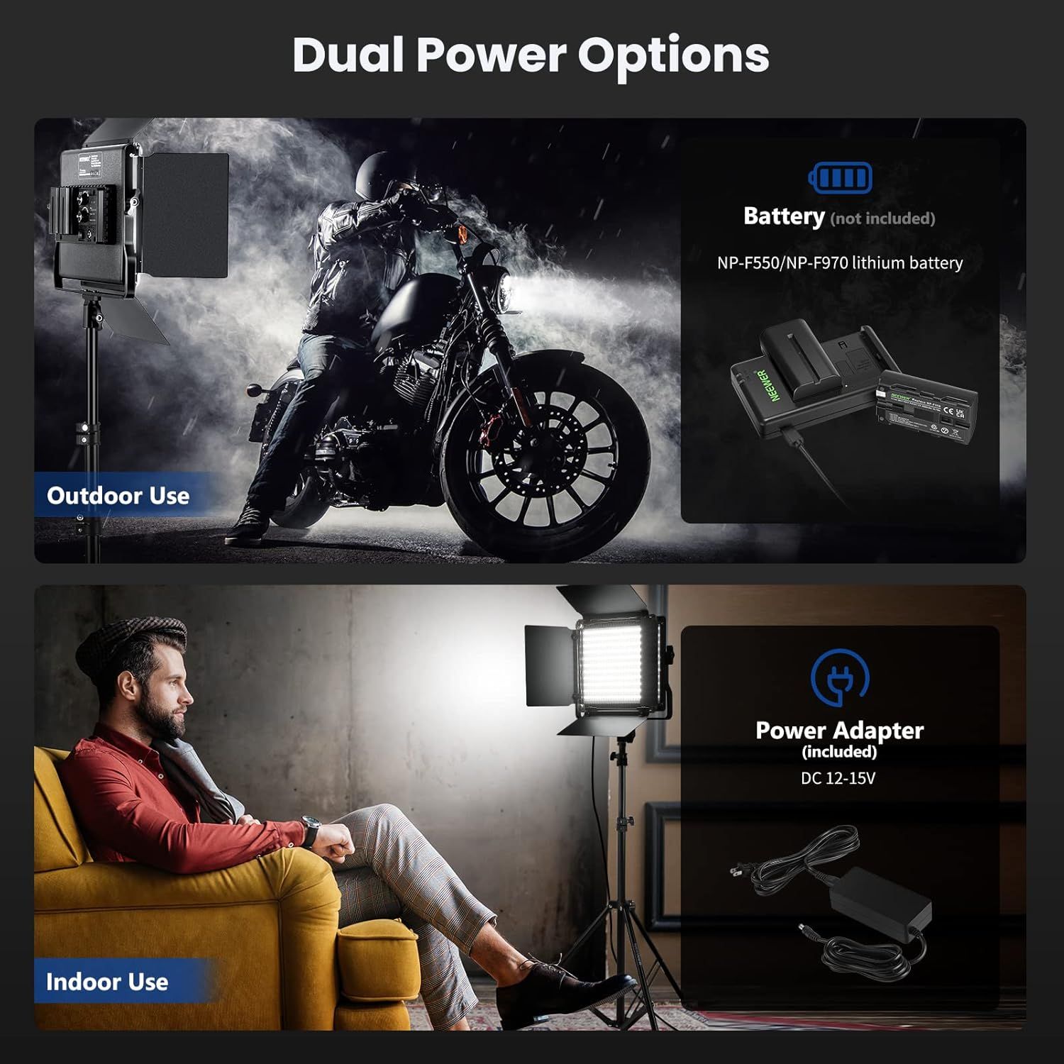 Demonstrates the product's versatility by showing two distinct use cases (outdoor and indoor) and the two power options available (battery and power adapter) to reassure shoppers the lighting…