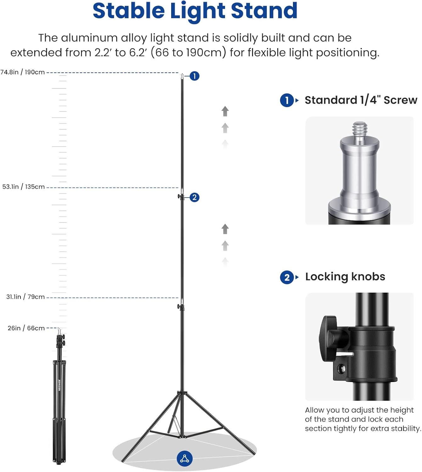 This image breaks down the physical components and adjustability features of the light stand, showing shoppers how the stand extends, locks, and connects to lighting equipment for flexible…