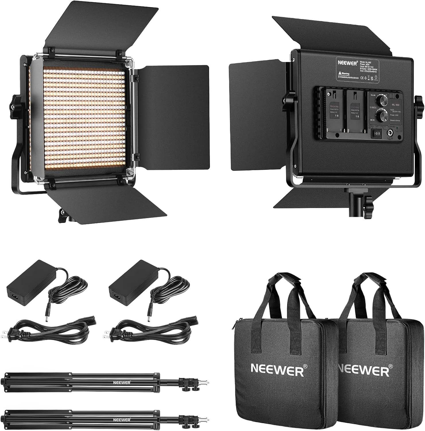 Shows everything included in the purchase: two LED light panels with barn doors, power adapters, cables, light stands, and carrying cases to demonstrate the complete value of the bundle.