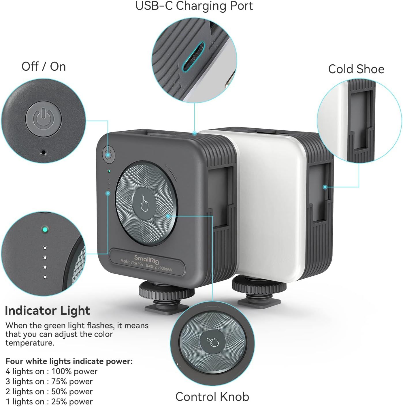 This image breaks down the physical components and controls of the video light, helping shoppers understand where each feature is located and how to operate the device.