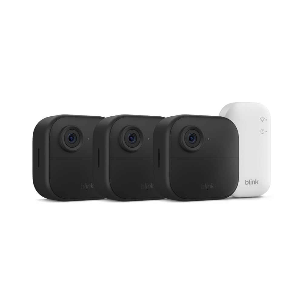Shows the complete bundle contents to help shoppers understand they receive three security cameras plus the sync module hub in one purchase.