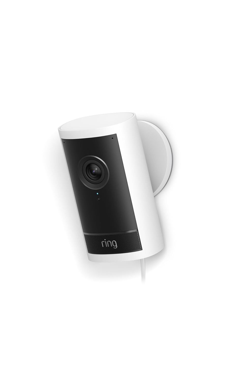 Provides a clean, catalog-style product image showing the Ring security camera from an angled view to display its design and form factor.