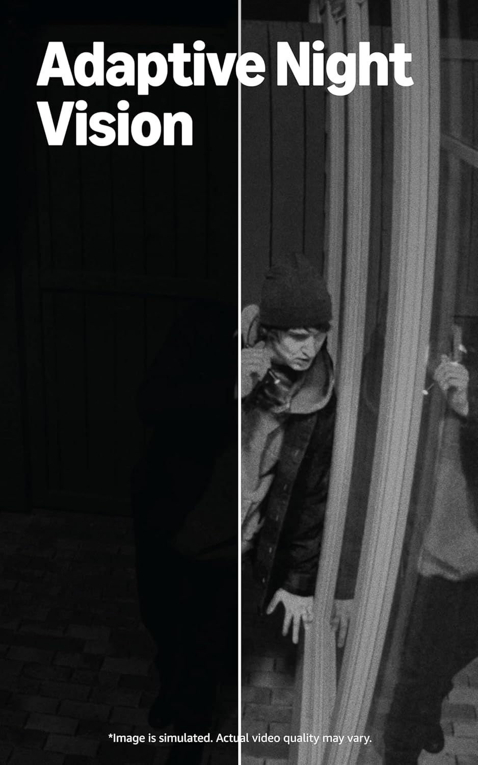 Demonstrates the product's adaptive night vision feature by showing a clear before-and-after comparison of visibility in low-light conditions, proving the camera's effectiveness in darkness.