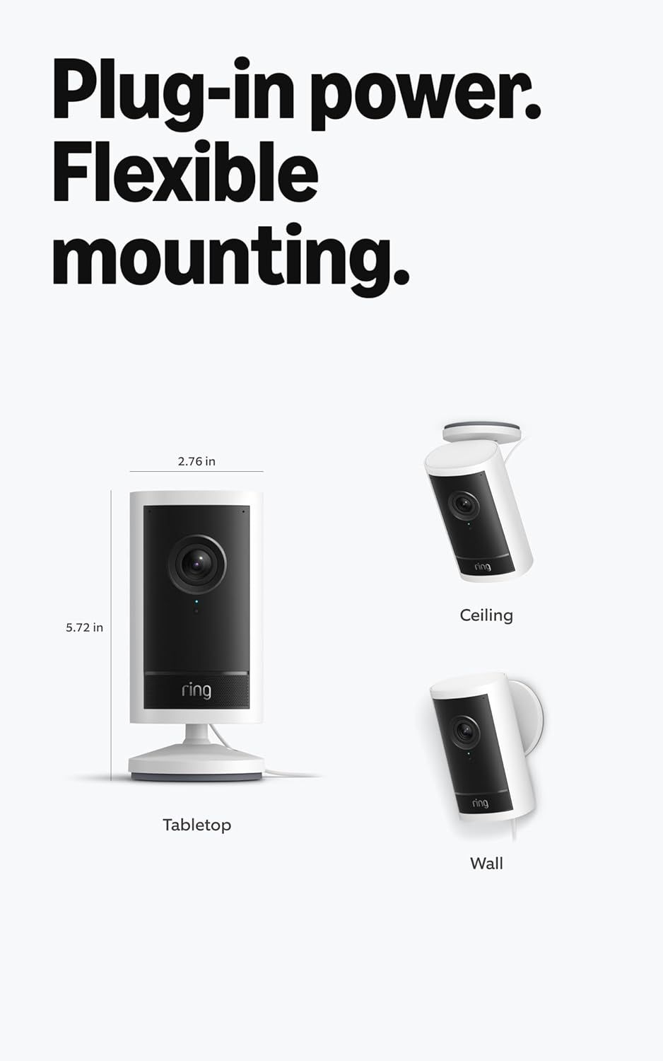 Demonstrates the product's versatility by showing three different mounting configurations (tabletop, ceiling, and wall) to reassure shoppers they can install it in various locations. Shows the exact…