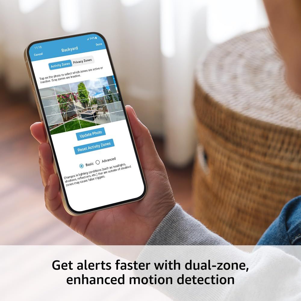 Demonstrates the app interface for configuring activity zones and highlights the benefit of faster alerts through dual-zone enhanced motion detection.