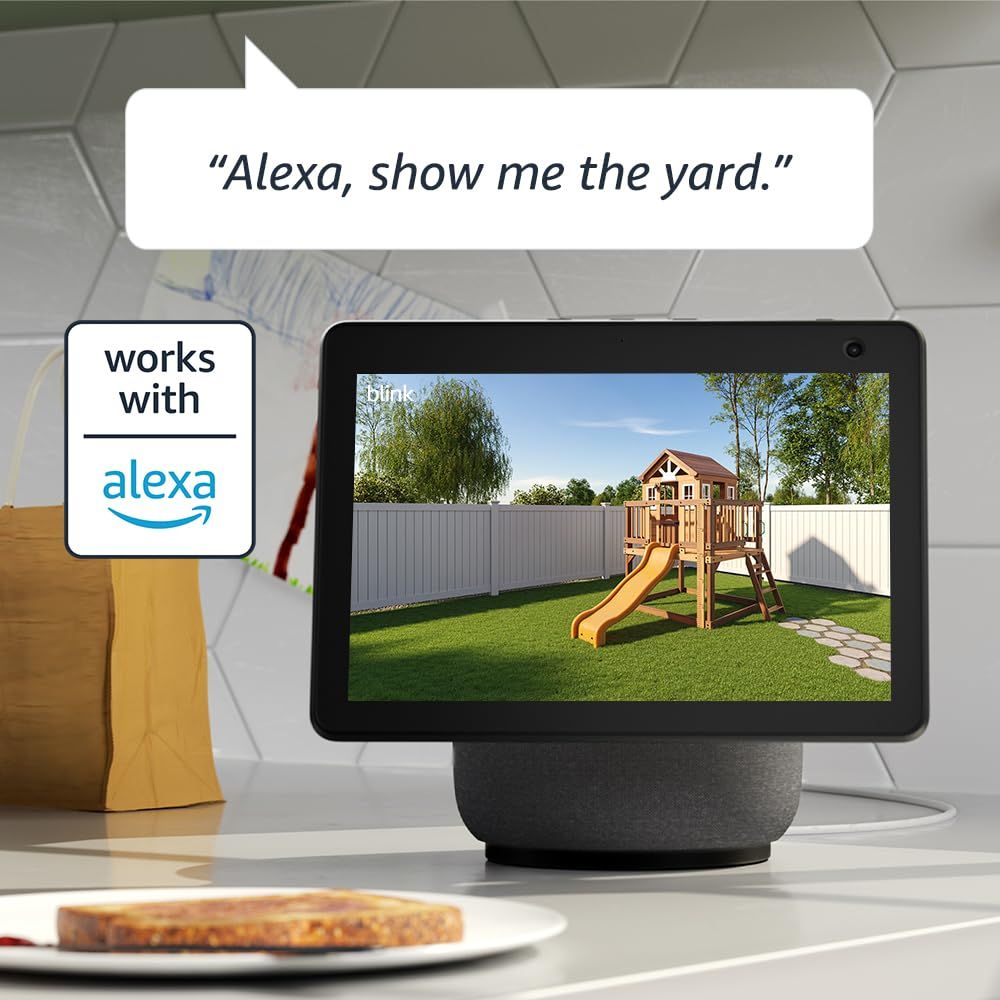 Demonstrates that the product works with Alexa voice assistant, allowing users to view camera feeds hands-free through voice commands.