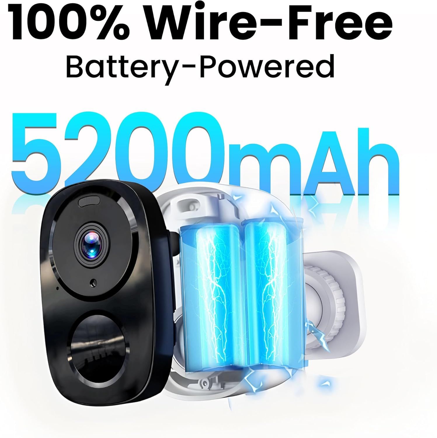 Shows the internal battery structure and capacity of the security camera to reassure shoppers about its wire-free convenience and long-lasting power. Highlights the impressive 5200mAh battery…