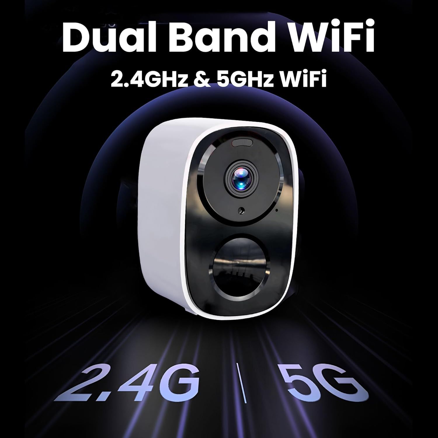 Communicates that the security camera supports both 2.4GHz and 5GHz WiFi bands, reassuring shoppers of flexible and reliable wireless connectivity options.