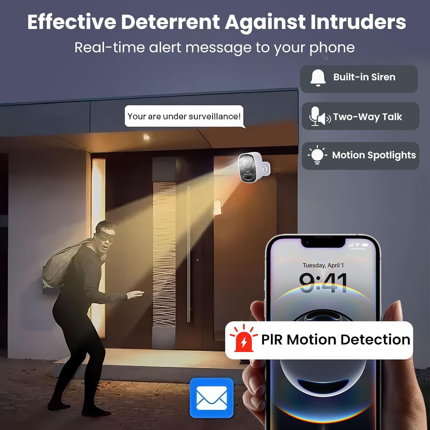 Demonstrates the security camera's multiple deterrent and alert features to reassure shoppers that the product provides comprehensive home security protection against intruders.