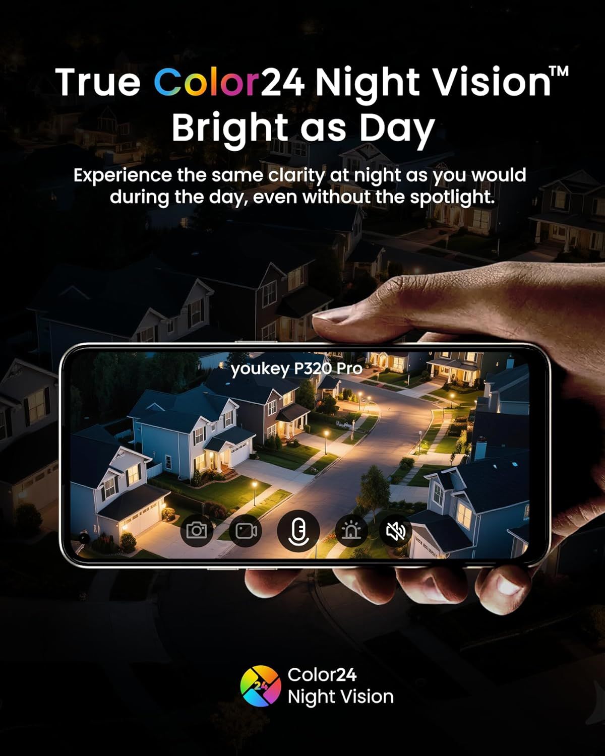 Highlights the product's advanced night vision capability that delivers full-color clarity in low-light conditions, reassuring shoppers they can monitor their property clearly at night without…