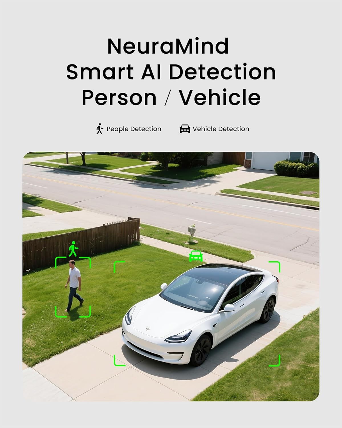 Demonstrates the product's AI-powered detection capability to identify and track both people and vehicles, reassuring shoppers of its smart security and monitoring features.