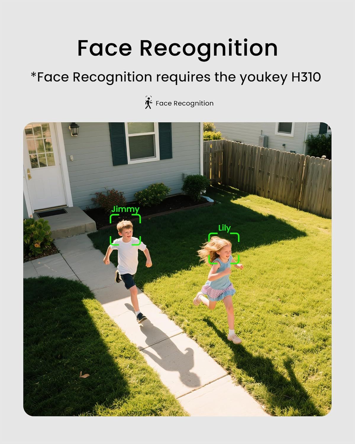 Demonstrates the product's face recognition capability by showing it can identify and track multiple people (children named Jimmy and Lily) in a real-world outdoor setting, reassuring shoppers of…