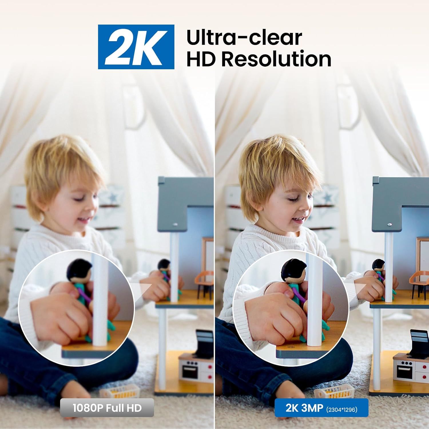 Demonstrates the superior image quality and clarity of the 2K 3MP resolution compared to 1080P Full HD, showing shoppers the visual improvement they can expect. Highlights the specific technical…
