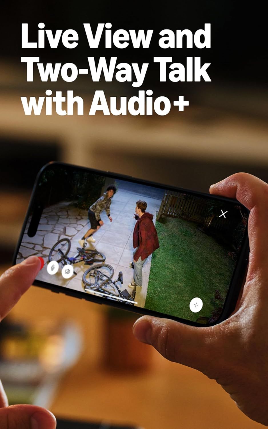 Highlights the product's live video streaming and two-way audio communication capabilities, reassuring shoppers they can monitor and interact with people remotely in real-time.