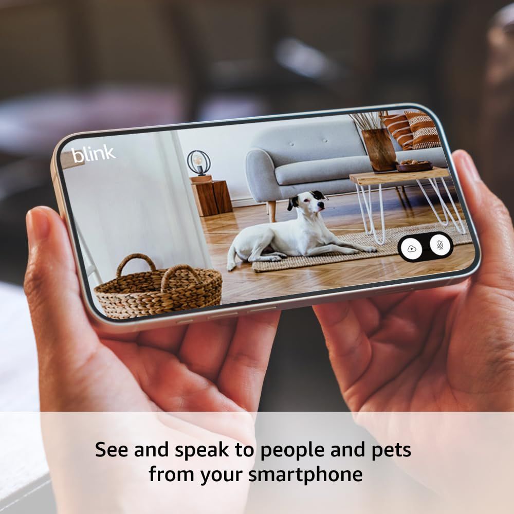 Demonstrates the product's ability to provide real-time video and audio communication with people and pets at home through a smartphone app, reassuring shoppers they can stay connected remotely.
