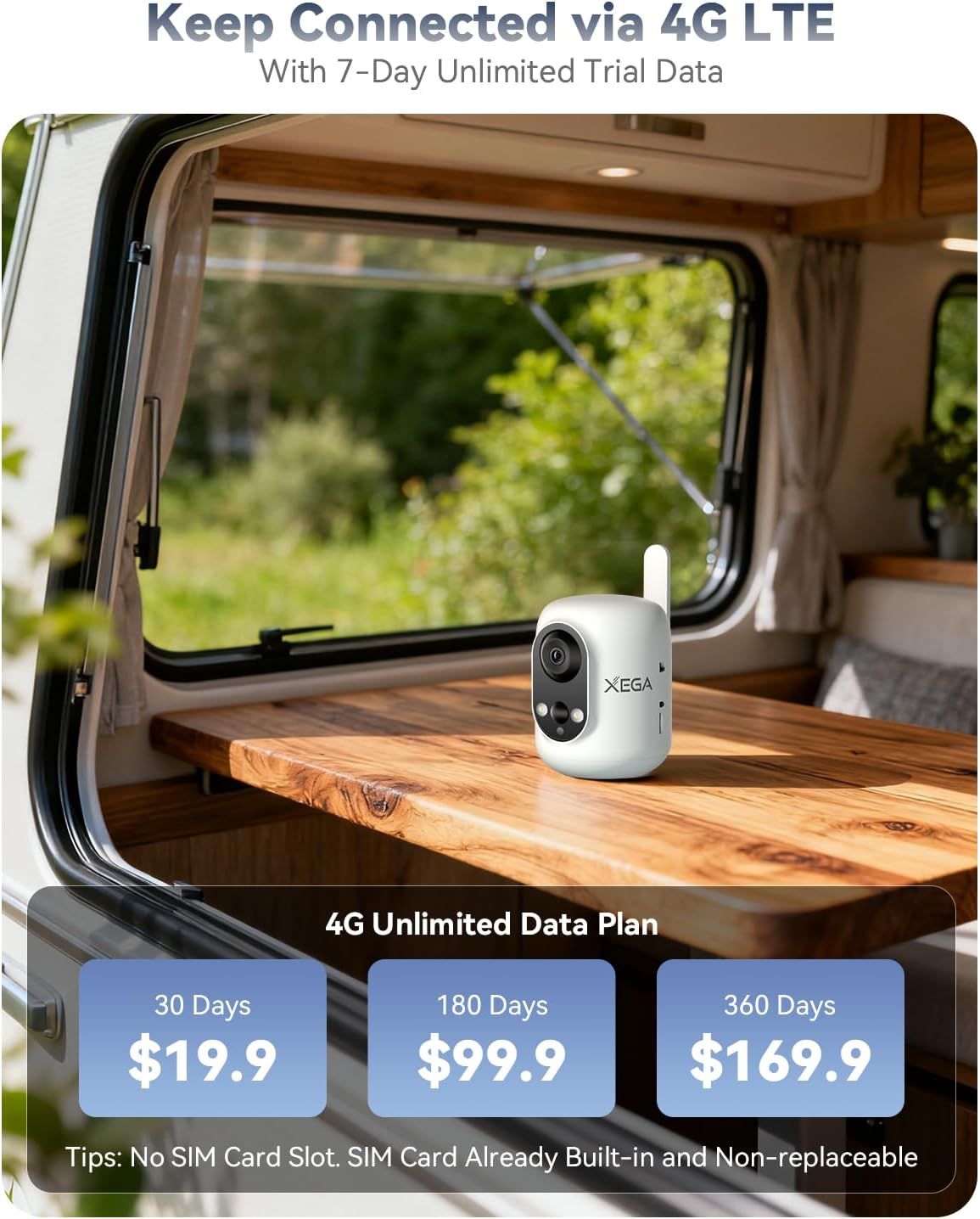 Communicates that the security camera offers 4G LTE connectivity with a 7-day unlimited trial, shown in a real-world RV/camper setting to demonstrate its use case for travelers and remote locations.…
