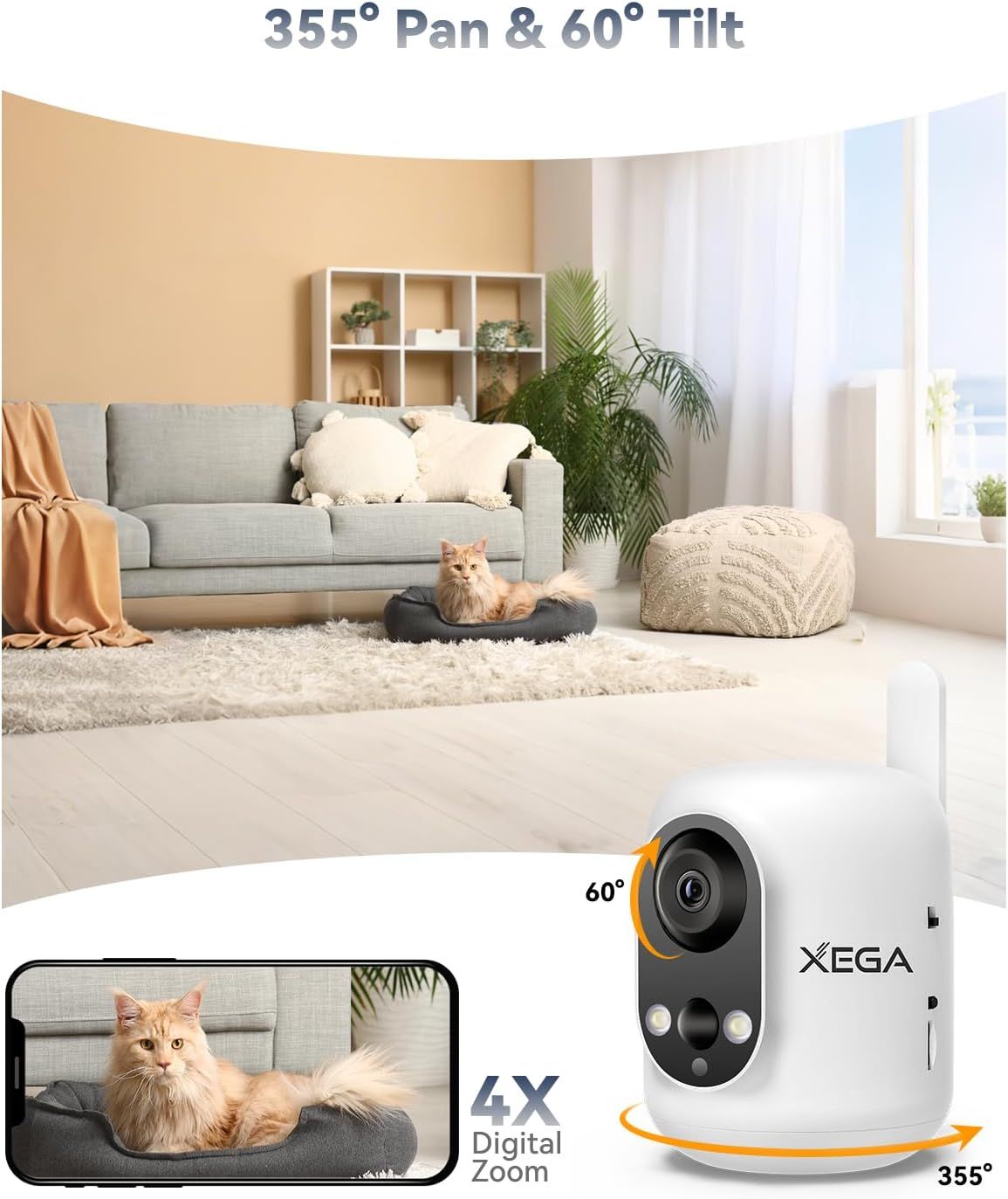 Communicates the camera's wide coverage range and zoom capability to reassure shoppers they can monitor their entire space with flexible viewing angles. Demonstrates the camera's ability to provide…
