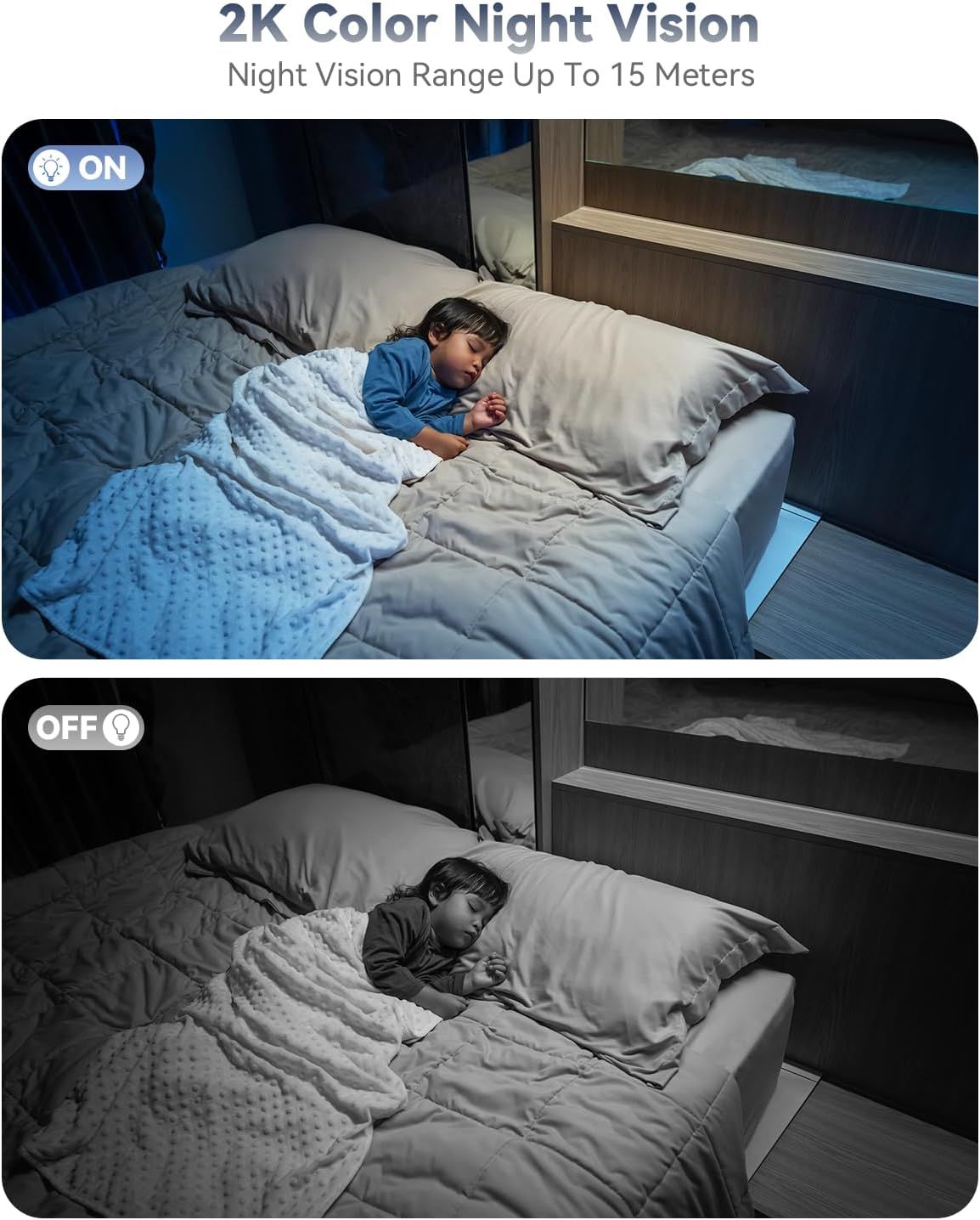 Demonstrates the product's night vision capability by showing a clear before-and-after comparison of image quality when the feature is turned on versus off, reassuring shoppers of superior…