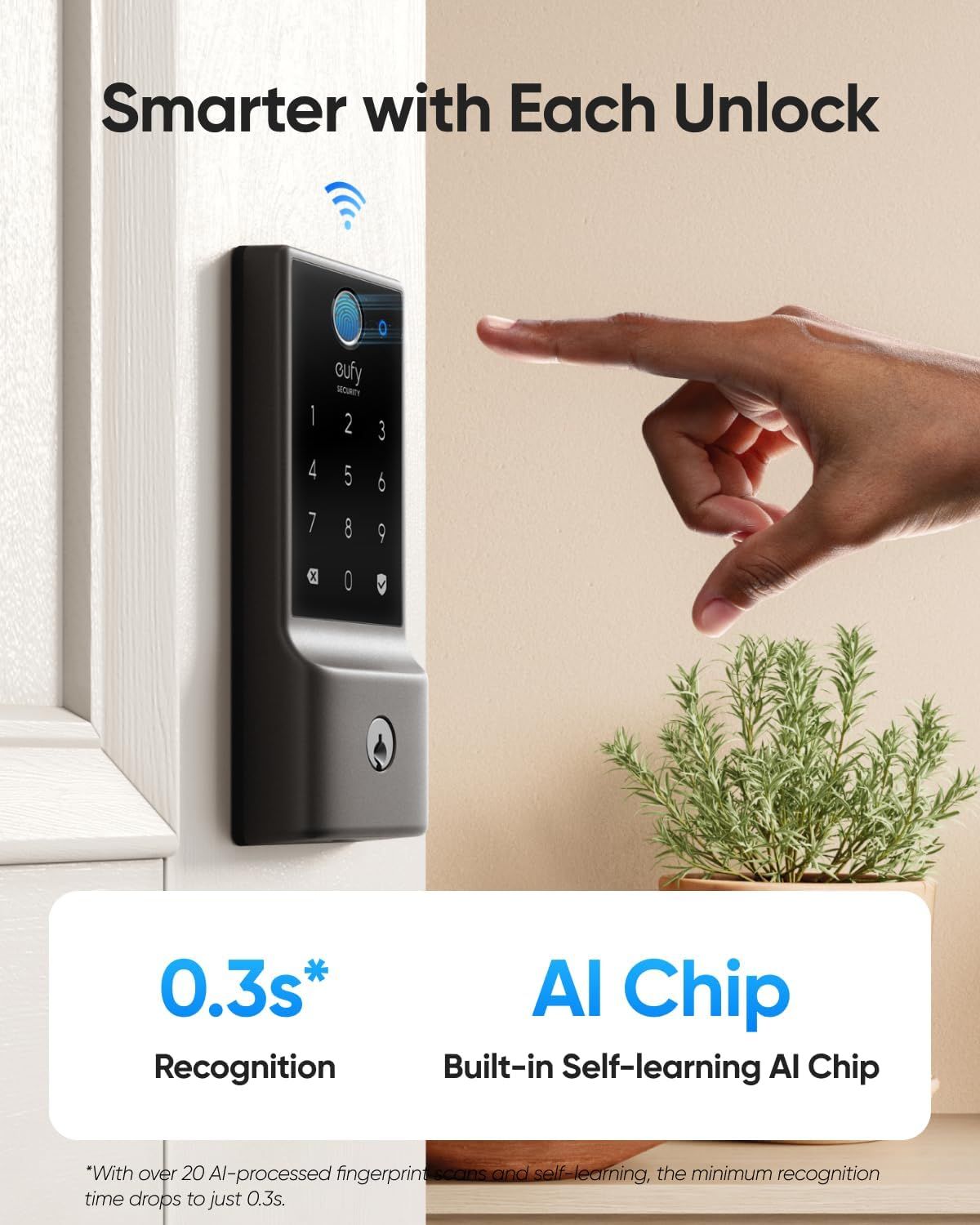 Communicates the smart lock's fast fingerprint recognition speed (0.3 seconds) and advanced AI chip technology to reassure shoppers of quick, intelligent performance. Highlights the convenience and…