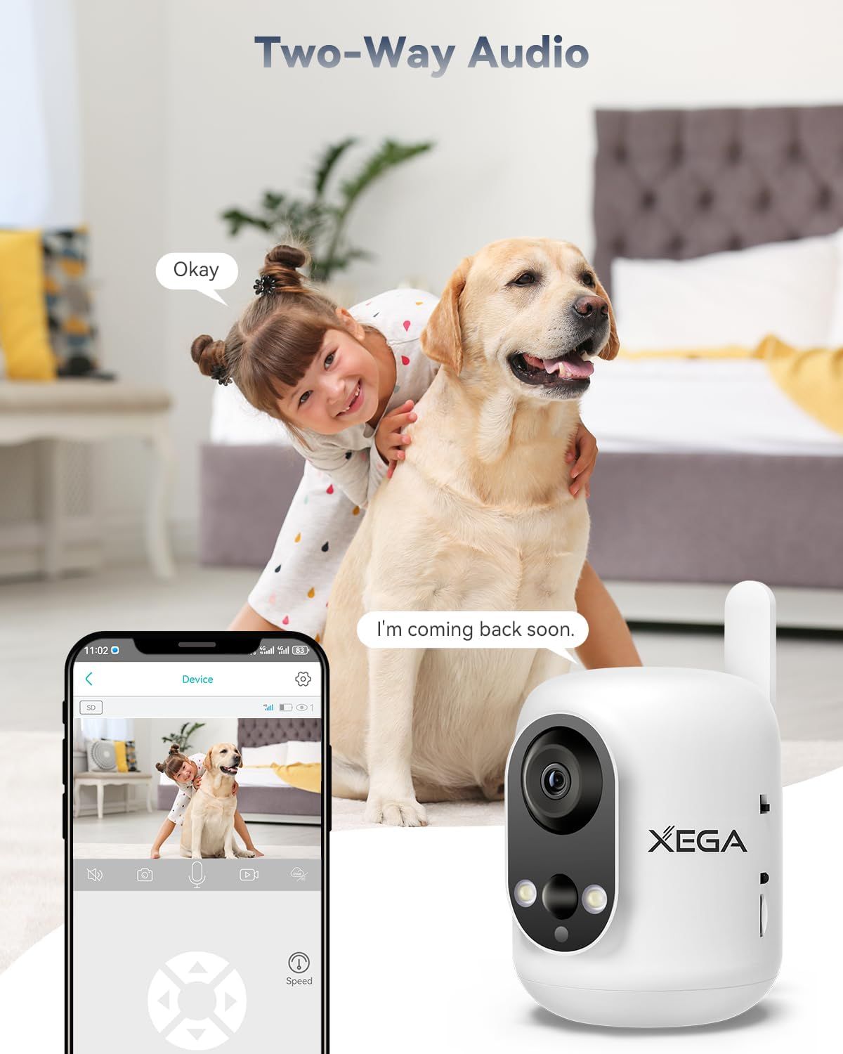 Demonstrates the camera's two-way audio feature, showing how users can communicate with family members or pets at home remotely through the device.