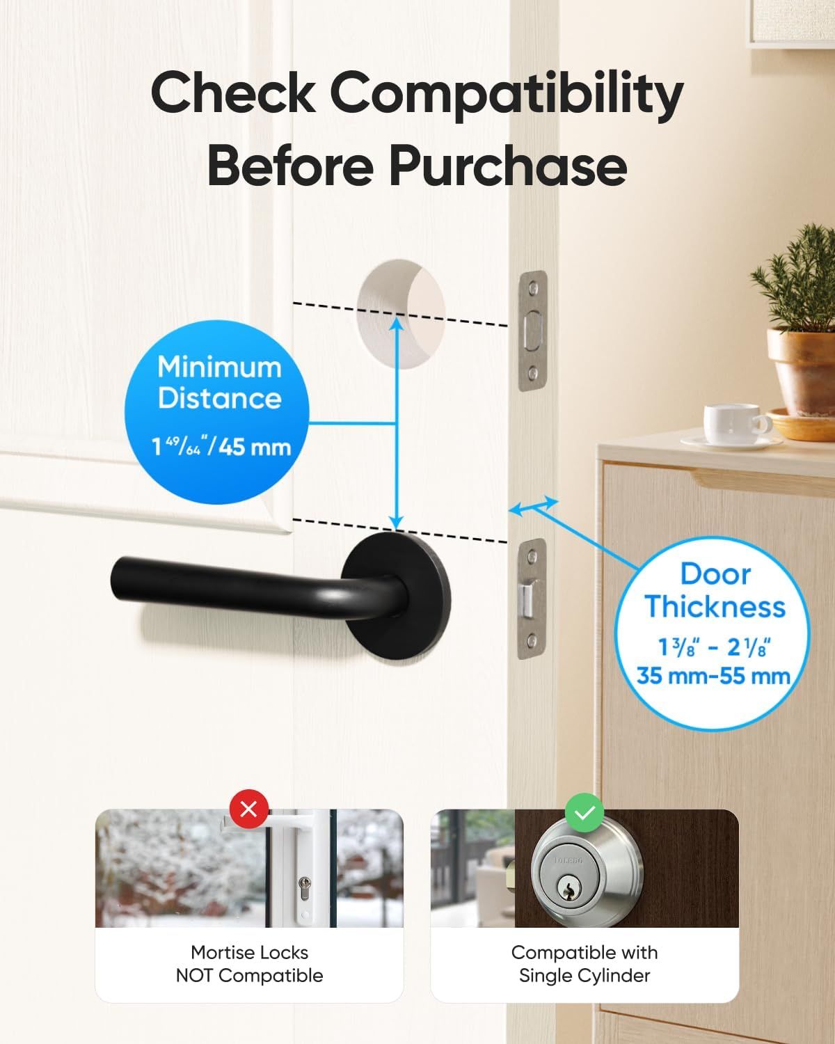 Communicates critical installation dimensions to ensure shoppers verify compatibility before purchase, showing minimum distance requirements and compatible door thickness ranges. Shows which lock…