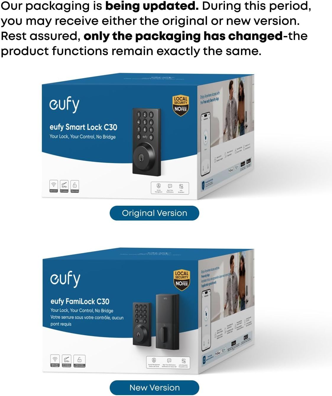Informs shoppers that the product packaging is being updated and they may receive either version, reassuring them that only the packaging has changed while the product remains the same.