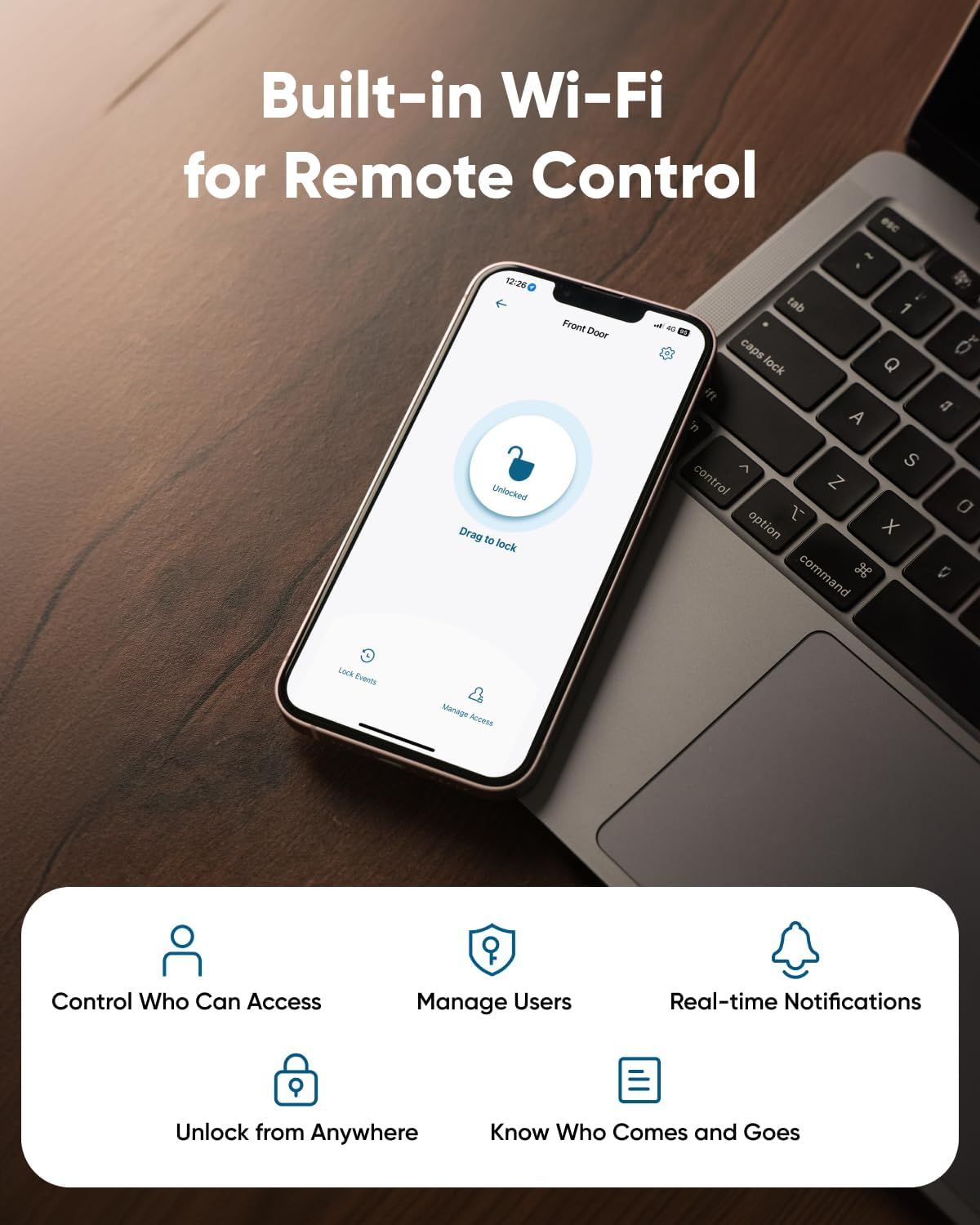 Communicates the smart lock's comprehensive Wi-Fi connectivity features, emphasizing remote control capabilities and multiple security management benefits to reassure shoppers of convenience and…