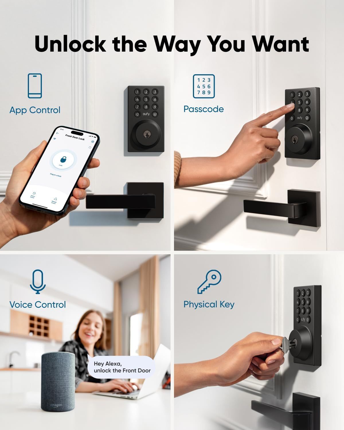 Demonstrates the versatility of the smart lock by showing four different ways users can unlock their door, emphasizing convenience and flexibility for different preferences and situations.