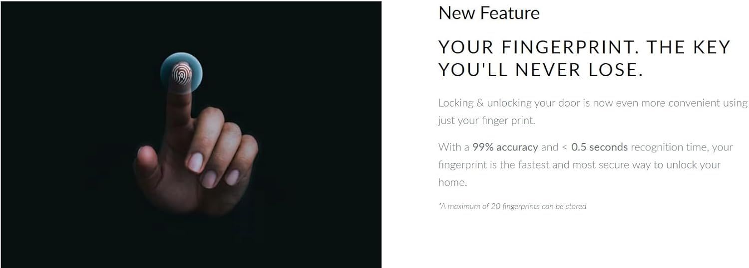 Communicates the fingerprint unlock feature's speed and accuracy to reassure shoppers that the smart lock provides fast, reliable, and secure access. Highlights the convenience and security of the…
