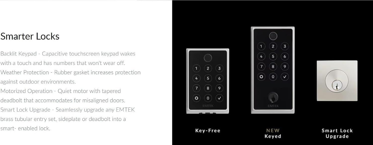 Communicates multiple distinct benefits of the smart lock system including touchscreen technology, outdoor durability, quiet motor operation, and upgrade compatibility to reassure shoppers of…