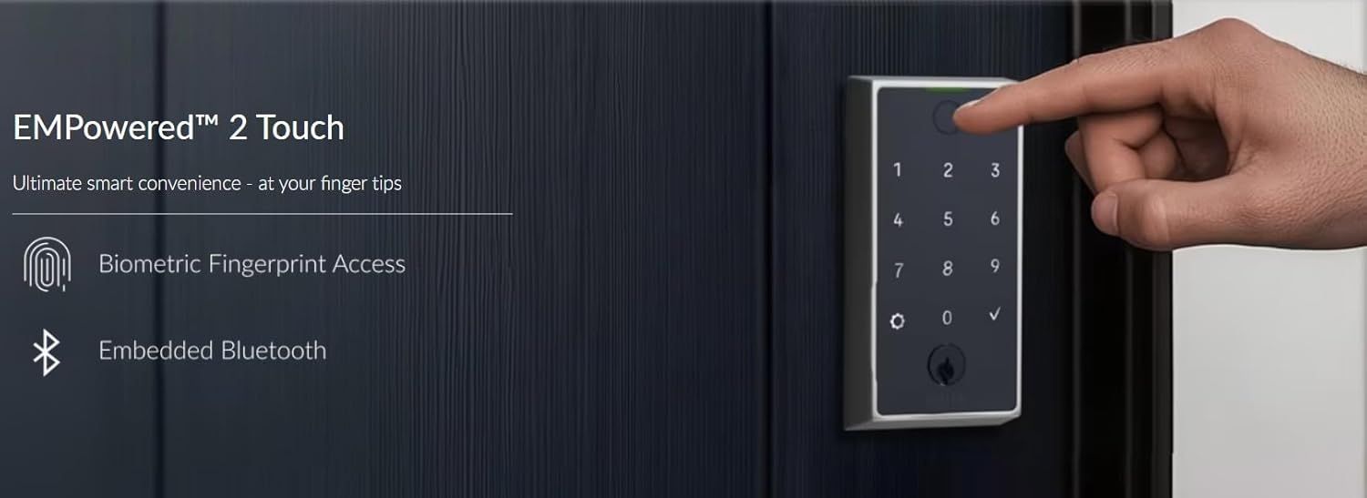Communicates the smart lock's key features—fingerprint access and Bluetooth connectivity—to reassure shoppers of its convenience and modern technology.