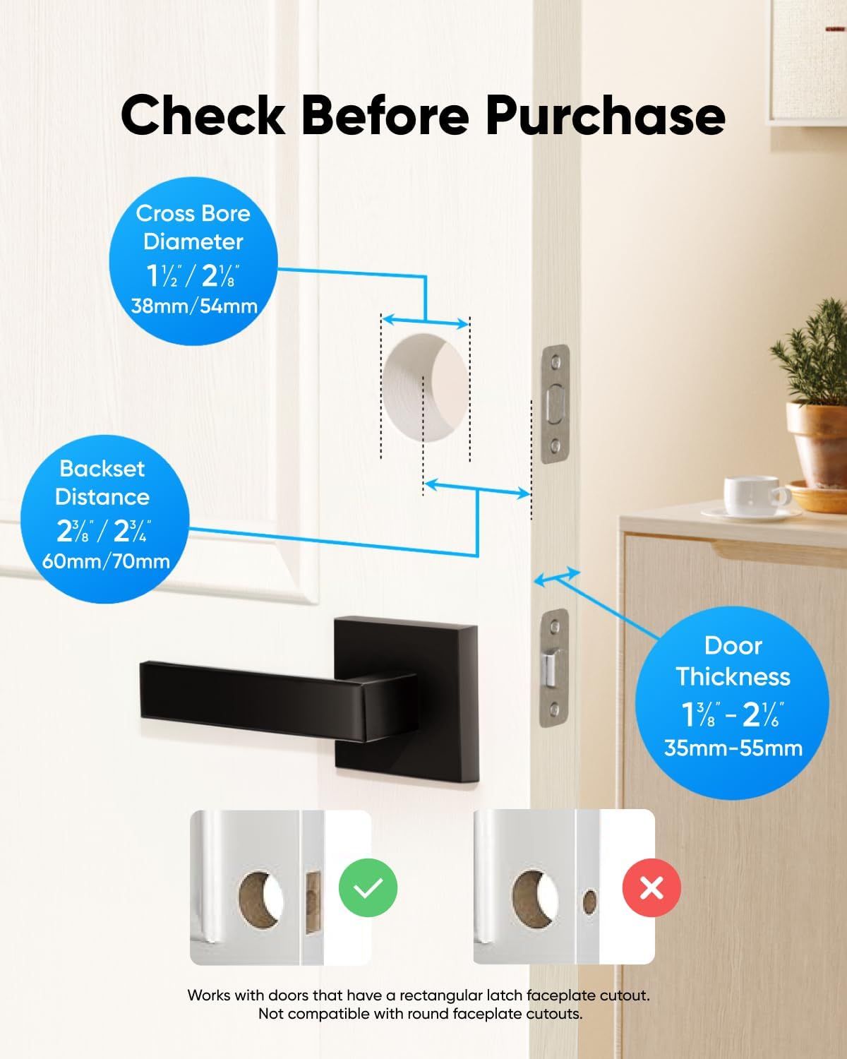 Provides critical dimensional specifications to help shoppers verify compatibility before purchase, ensuring the door lever will fit their existing door hardware setup.