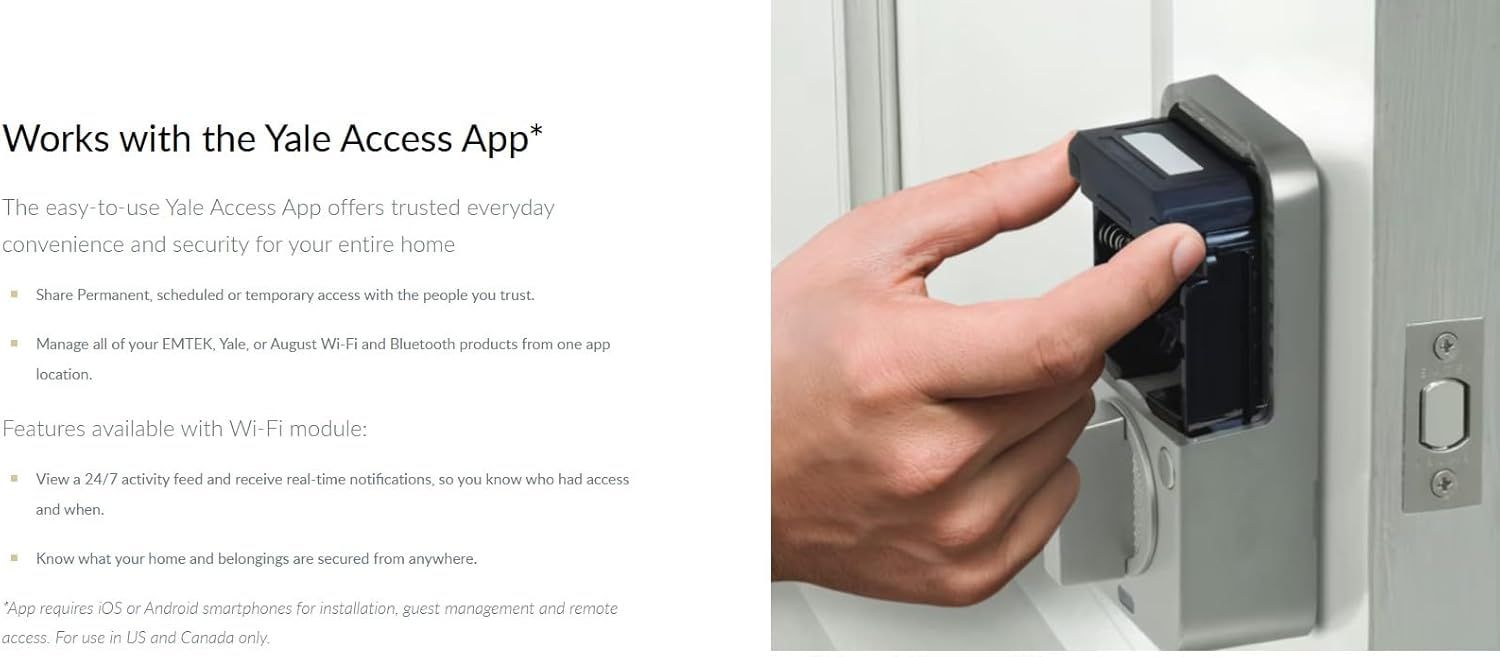 Demonstrates how to install or set up the smart lock device on a door, reassuring shoppers that the product is easy to install and use. Highlights the product's compatibility with the Yale Access…