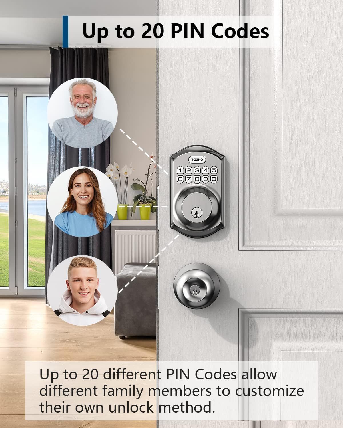 Communicates that the smart lock can store up to 20 different PIN codes, allowing each family member to have their own personalized access code for convenience and security.