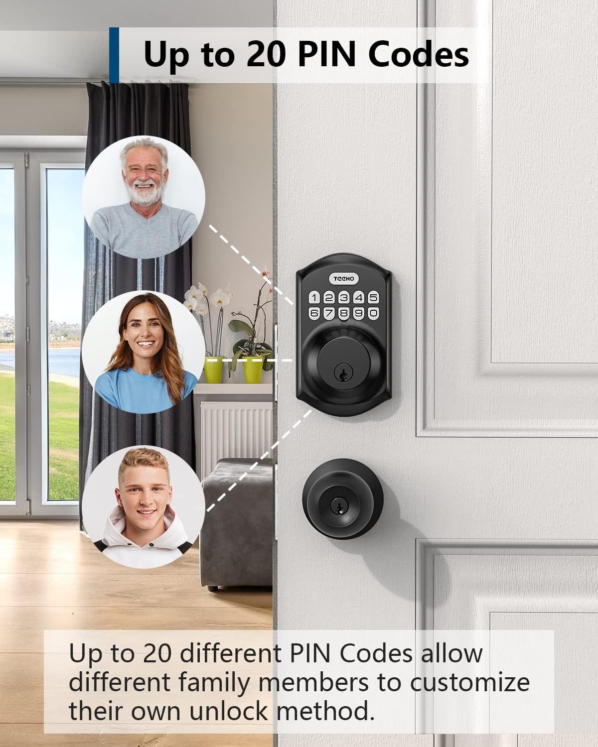 Communicates that the smart lock can store up to 20 different PIN codes, allowing each family member to have their own personalized unlock method for convenience and security.
