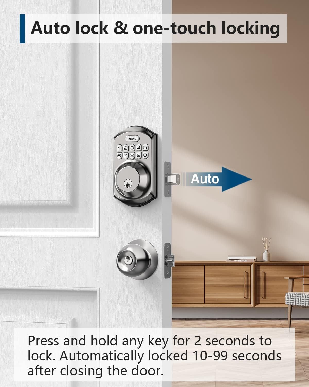 Explains how the auto-lock and one-touch locking features work, reassuring shoppers that the door lock is convenient and automatically secures after closing. Highlights the convenience and security…