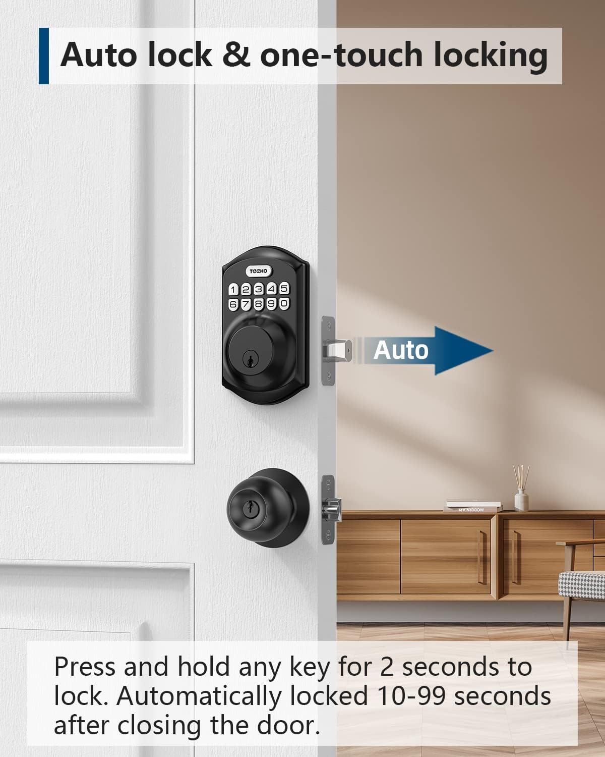 Explains how the auto-lock and one-touch locking features work, reassuring shoppers that the door lock is convenient and secure with minimal effort. Highlights the convenience of automatic locking…