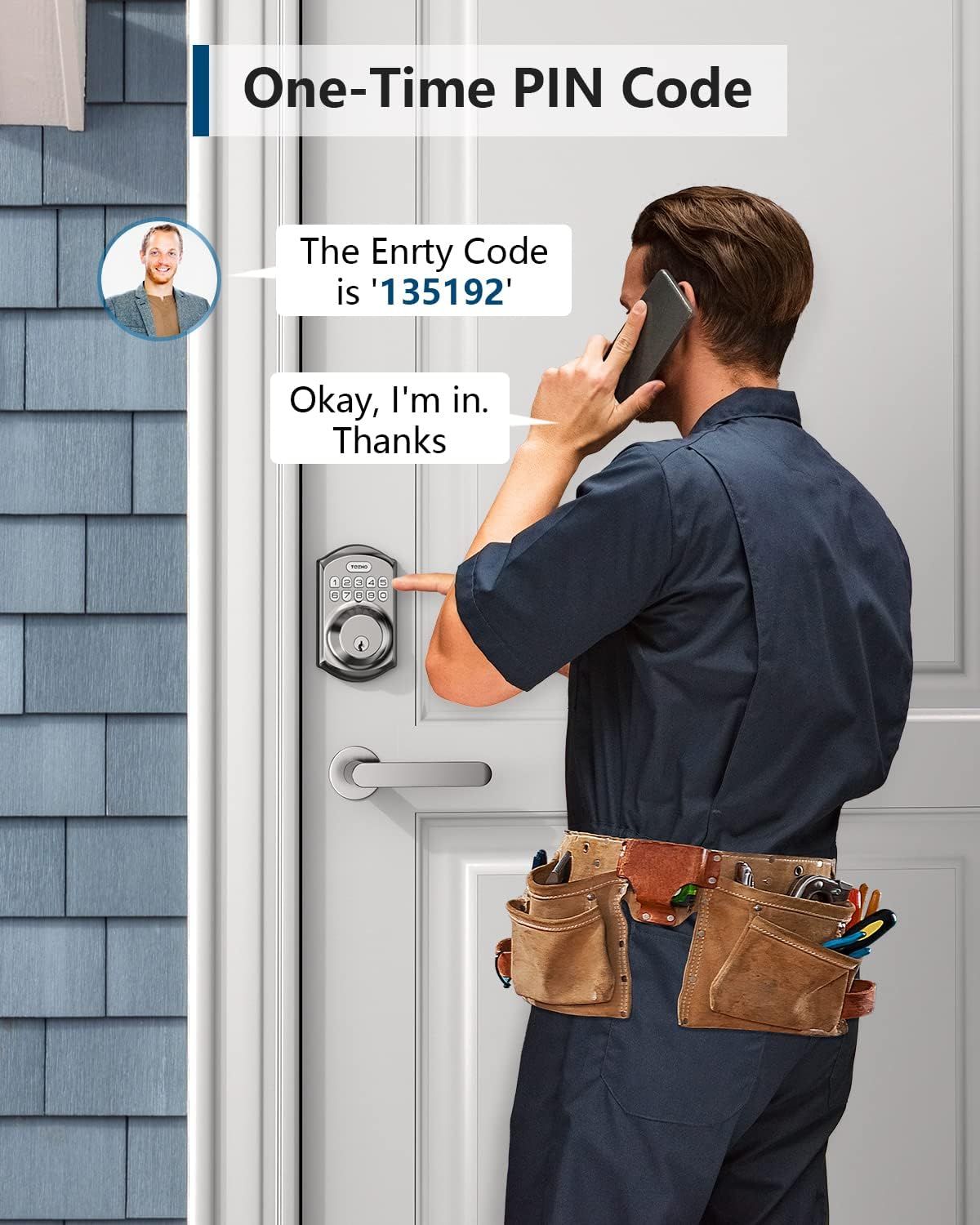 Demonstrates how the smart lock's one-time PIN code feature works, showing the ease of granting temporary access to visitors or service providers remotely via phone communication.