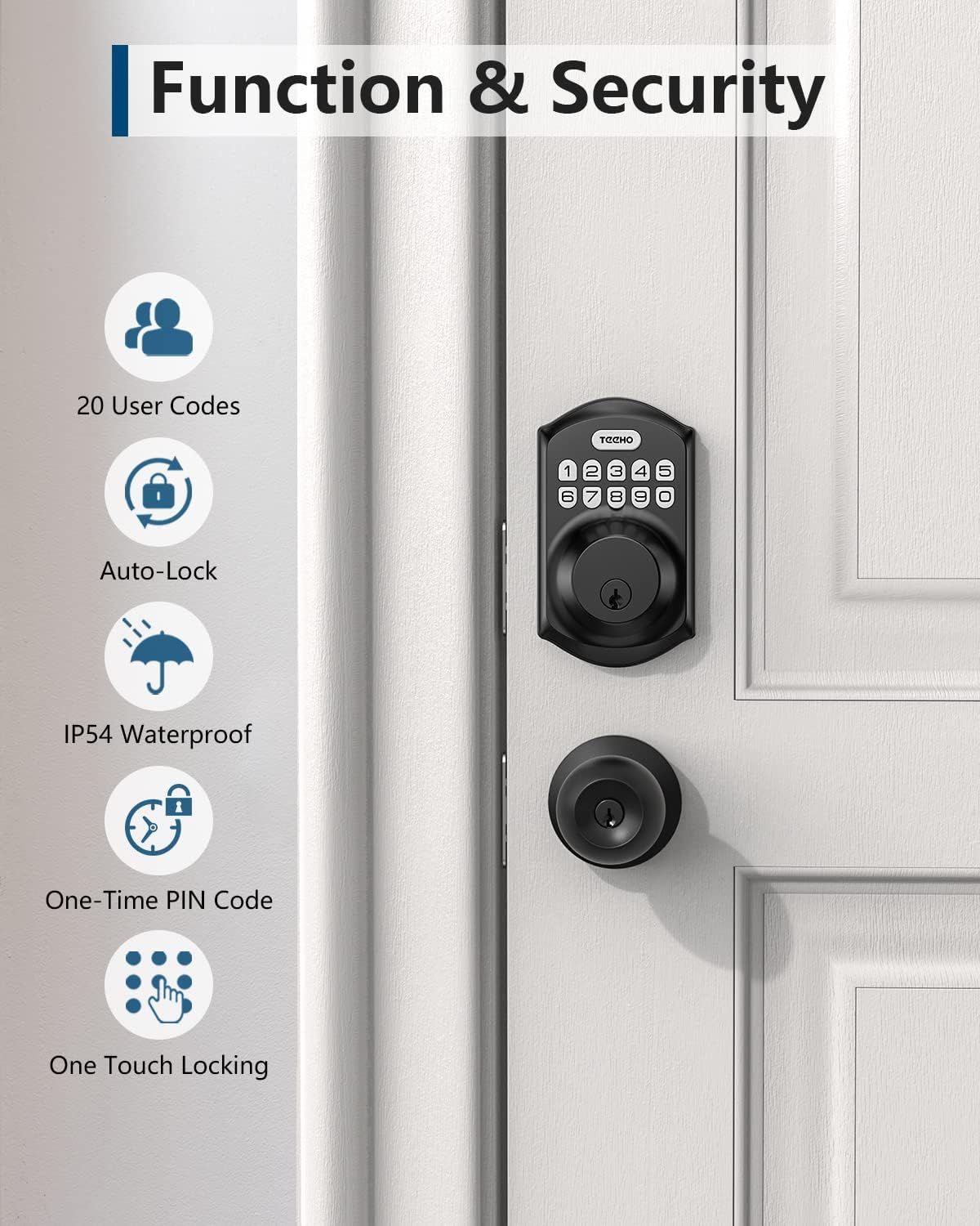 Communicates the smart lock's multiple security and convenience features to reassure shoppers about its functionality, safety, and ease of use.