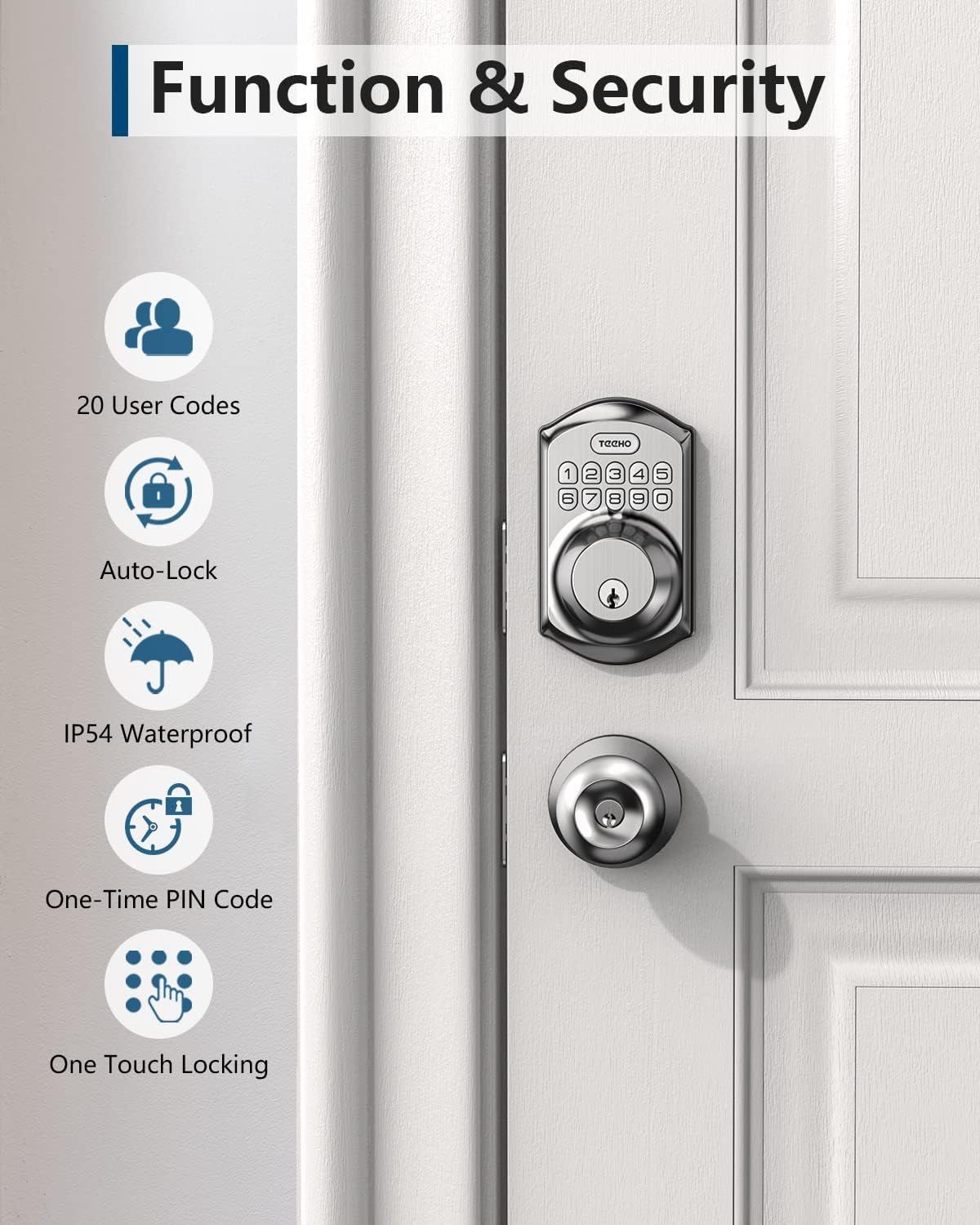 Communicates the smart lock's multiple security and convenience features to reassure shoppers of its comprehensive functionality and ease of use.