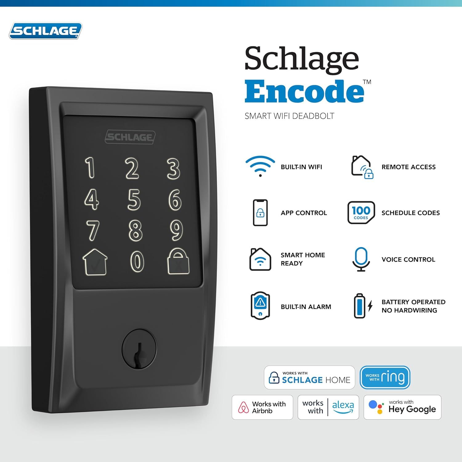 Showcases the comprehensive smart features of the Schlage Encode deadbolt, highlighting its connectivity, convenience, and compatibility with multiple smart home platforms to reassure shoppers of…