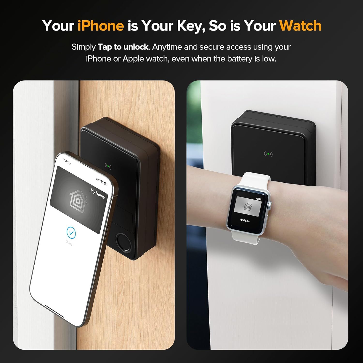 Demonstrates the product's dual compatibility and use cases, showing shoppers that they can unlock the smart lock using either their iPhone or Apple Watch for convenient, secure access. Highlights…