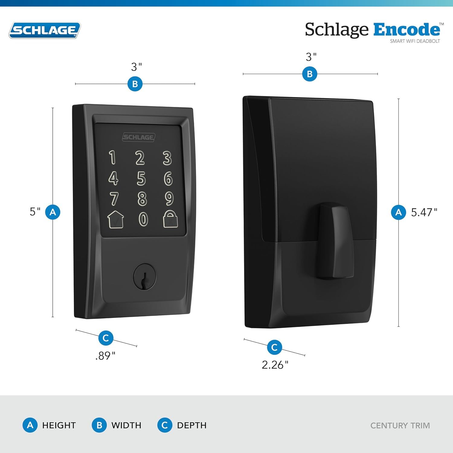Provides exact measurements of the smart deadbolt from multiple angles to help shoppers understand the physical size and ensure it fits their door installation requirements.