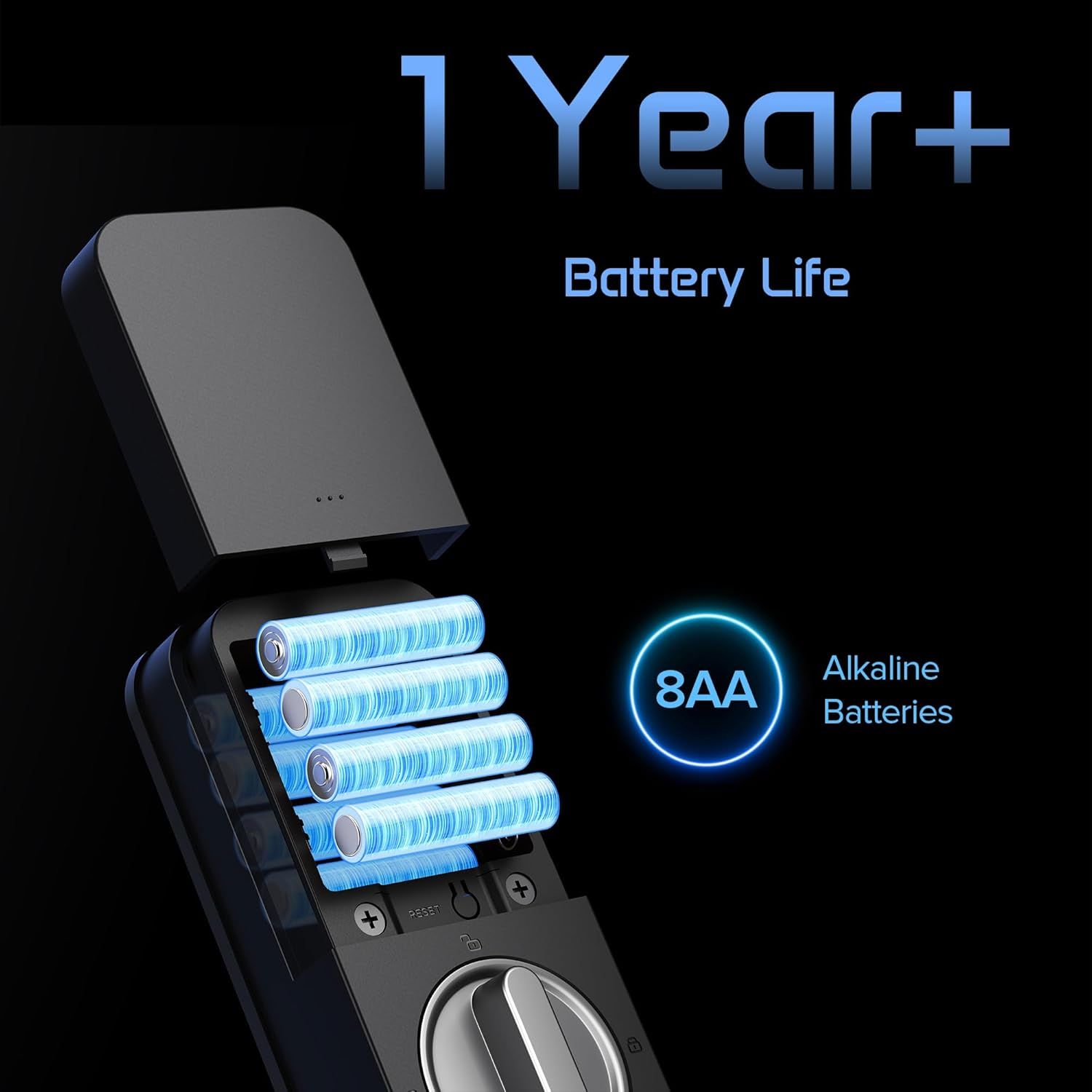 Communicates the exceptional battery longevity of over 1 year using 8 AA alkaline batteries, reassuring shoppers about long-term reliability and minimal maintenance. Highlights the product's…